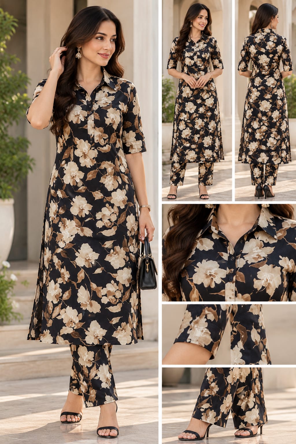 Black Floral Collar Kurta Set
