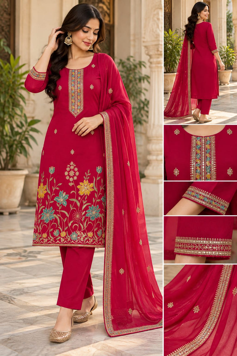 Crimson Red Embroidered Kurta Set with Dupatta