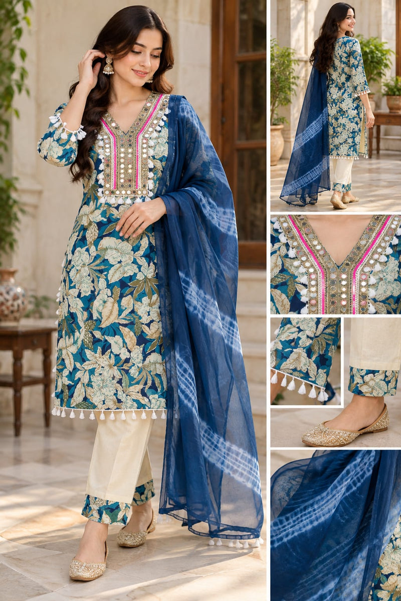 Blue Floral Mirror Work Kurta Set with Dupatta