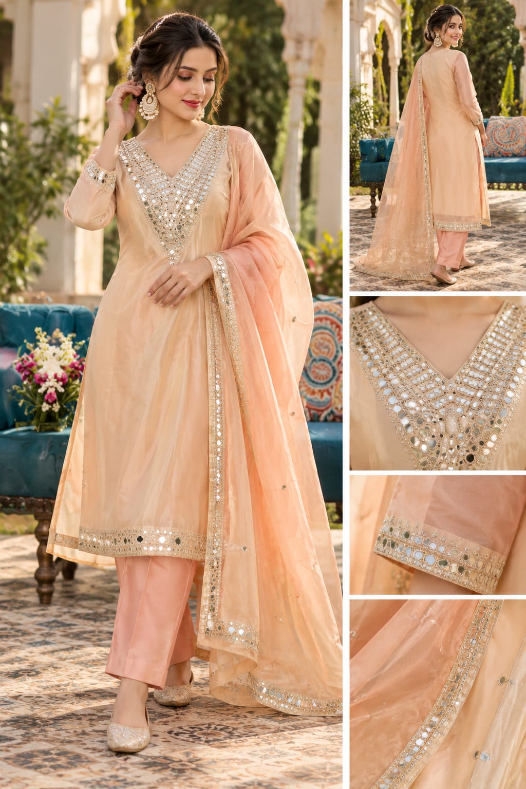 Peach Mirror Work Kurta Set with Dupatta