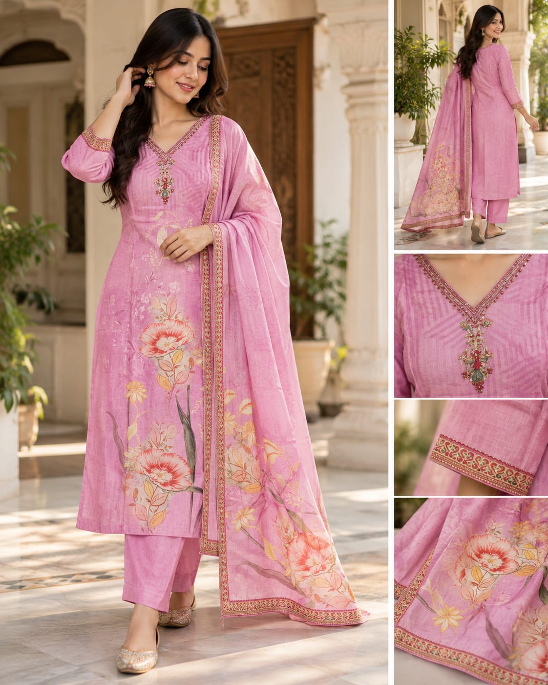 Pink Floral Print Kurta Set with Dupatta